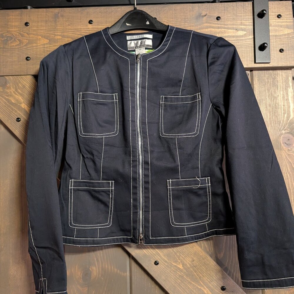 Nine & Co navy stretch jacket with white stitching size 10